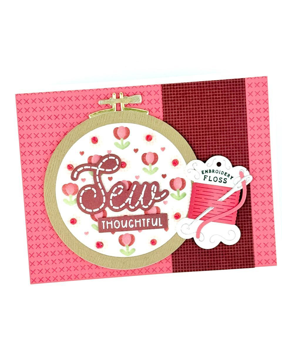Handmade greeting card with embroidery hoop on it and sew thoughtful sentiment on it.